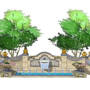 现代水池景观墙小品SU模型下载_sketchup草图大师SKP模型