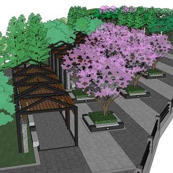 中式凉棚沿河街道景观SU模型下载_sketchup草图大师SKP模型