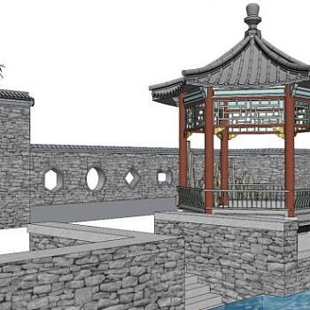 中式庭院围墙月亮门SU模型下载_sketchup草图大师SKP模型