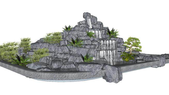 园林叠石水流假山设计SU模型下载_sketchup草图大师SKP模型