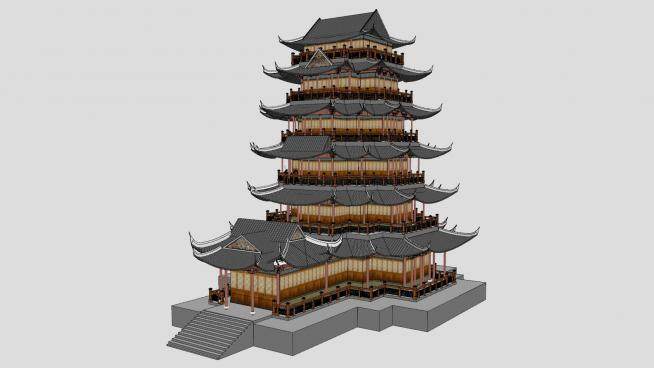 中式塔楼设计SU模型下载_sketchup草图大师SKP模型