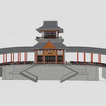 中式渔乡酒家桥楼SU模型下载_sketchup草图大师SKP模型