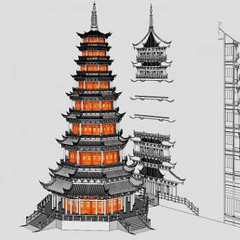 中式古塔建筑SU模型下载_sketchup草图大师SKP模型