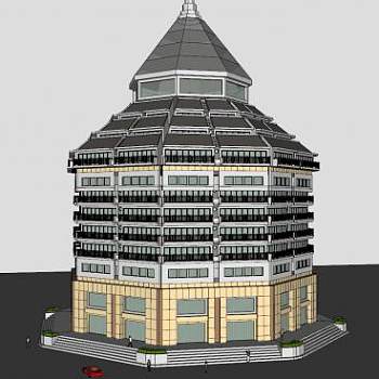 新中式塔楼建筑SU模型下载_sketchup草图大师SKP模型