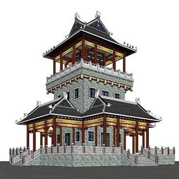 中式古建阁楼SU模型下载_sketchup草图大师SKP模型