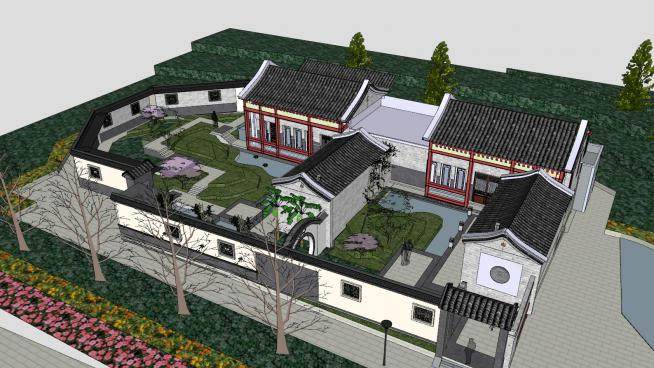 中式传统四合院园林庭院SU模型下载_sketchup草图大师SKP模型