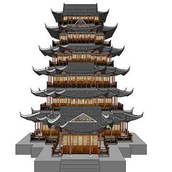 中式六层塔建筑SU模型下载_sketchup草图大师SKP模型