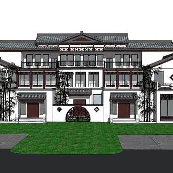 中式独栋别墅建筑SU模型下载_sketchup草图大师SKP模型