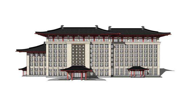 中式酒店楼房建筑SU模型下载_sketchup草图大师SKP模型