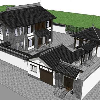 新中式别墅合院外观SU模型下载_sketchup草图大师SKP模型