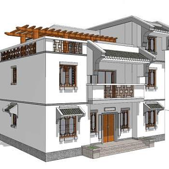 中式独栋别墅设计SU模型下载_sketchup草图大师SKP模型