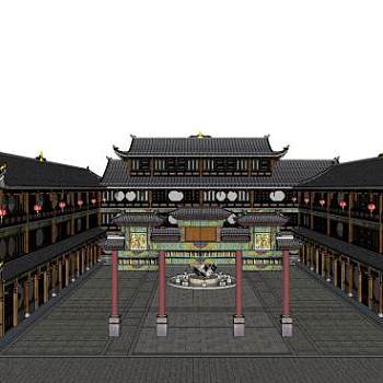 中式牌坊房屋古建筑SU模型下载_sketchup草图大师SKP模型