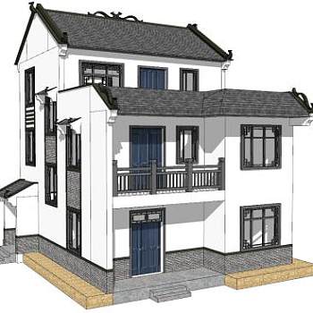 新中式徽派独栋别墅SU模型下载_sketchup草图大师SKP模型