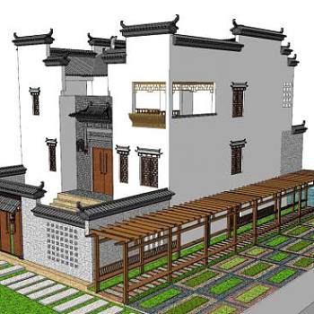 新中式徽派建筑外观SU模型下载_sketchup草图大师SKP模型