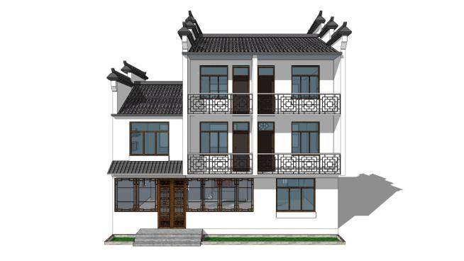 新中式徽派三层住宅SU模型下载_sketchup草图大师SKP模型