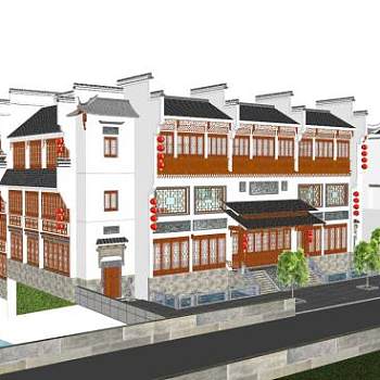 新中式徽派客栈建筑SU模型下载_sketchup草图大师SKP模型