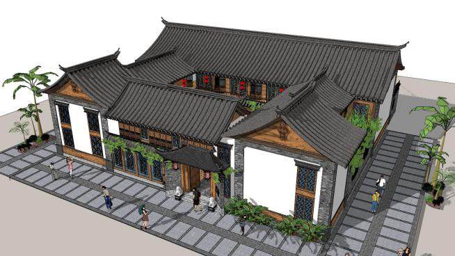 中式古建筑合院院落SU模型下载_sketchup草图大师SKP模型
