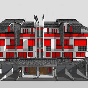 新中式特色别墅建筑SU模型下载_sketchup草图大师SKP模型