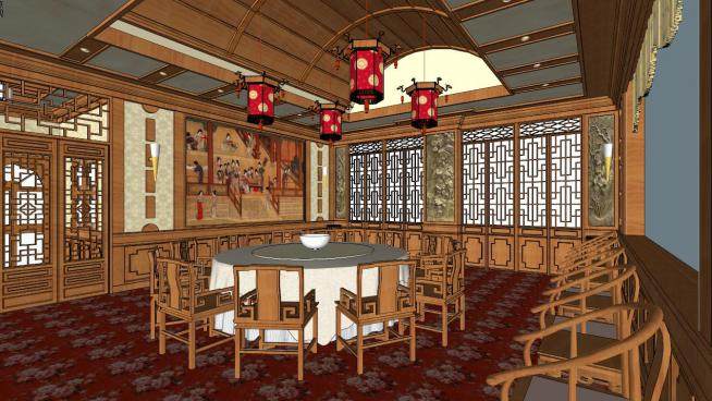 现代中式茶餐厅su模型下载_sketchup草图大师SKP模型
