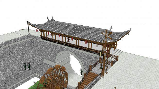 中式廊道景观桥SU模型下载_sketchup草图大师SKP模型