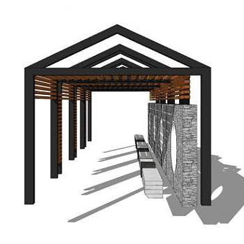 现代中式廊道长廊SU模型下载_sketchup草图大师SKP模型