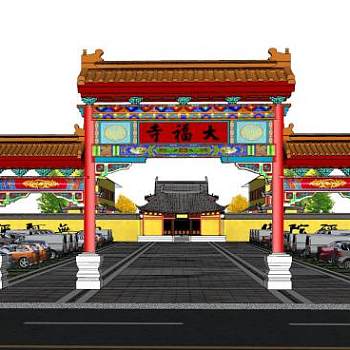 中式大福寺牌坊大门SU模型下载_sketchup草图大师SKP模型