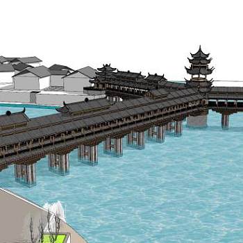 中式桥廊景观过道SU模型下载_sketchup草图大师SKP模型