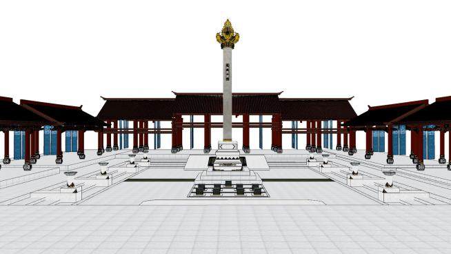 中式长廊景观柱装饰SU模型下载_sketchup草图大师SKP模型