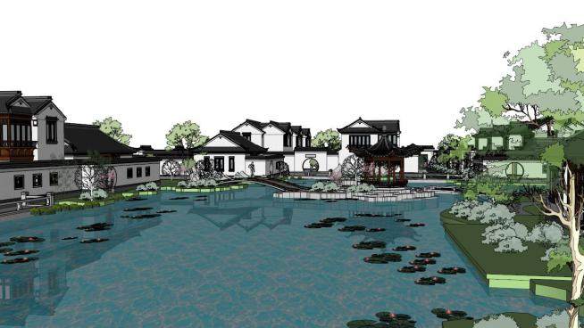 中式建筑景观设计su模型下载_sketchup草图大师SKP模型