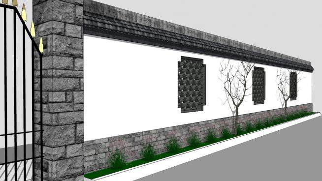 中式风格围墙景观设计SU模型下载_sketchup草图大师SKP模型