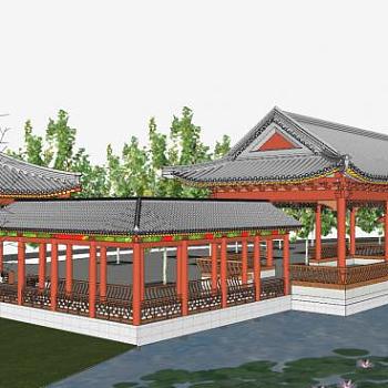 古建荷花池古风水榭长廊SU模型下载_sketchup草图大师SKP模型