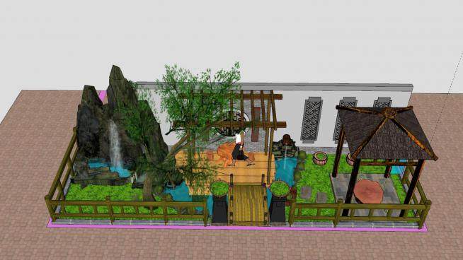 庭院景观建筑带假山SU模型下载_sketchup草图大师SKP模型