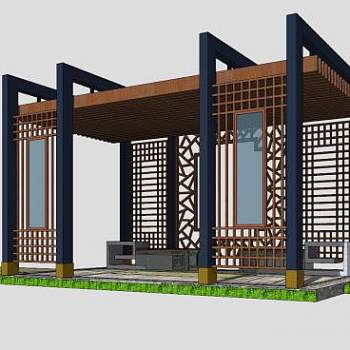 中式风格廊架缕空SU模型下载_sketchup草图大师SKP模型