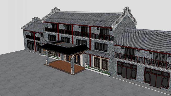 中式风格建筑酒店仿古建筑SU模型下载_sketchup草图大师SKP模型