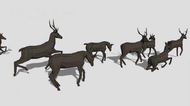 鹿群动物黑色雕塑SU模型下载_sketchup草图大师SKP模型