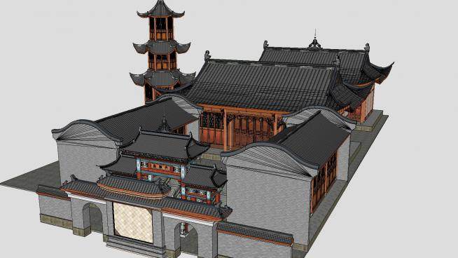 中式风格古建寺庙大殿SU模型下载_sketchup草图大师SKP模型