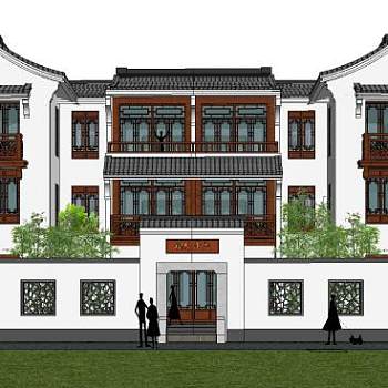 中式风格别墅小住宅建筑SU模型下载_sketchup草图大师SKP模型