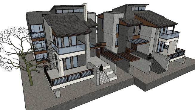 新中式别墅双拼建筑经典设计住宅SU模型下载_sketchup草图大师SKP模型
