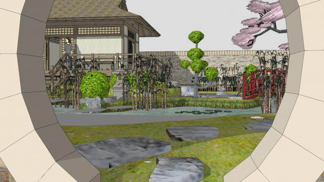 日式小花园庭院景观SU模型下载_sketchup草图大师SKP模型