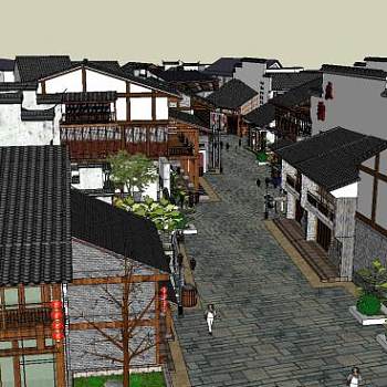 中式风格住宅景观徽派风情商业街SU模型下载_sketchup草图大师SKP模型