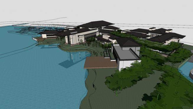 西柏坡酒店项目中式水池SU模型下载_sketchup草图大师SKP模型