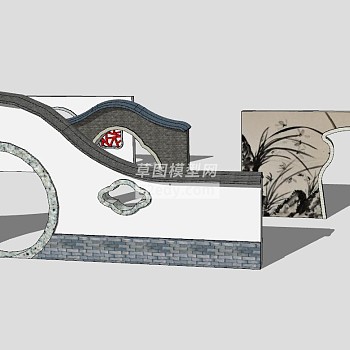 中式风格园林月门墙SU模型下载_sketchup草图大师SKP模型