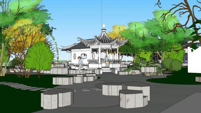 中式景观古建园林设计SU模型下载_sketchup草图大师SKP模型