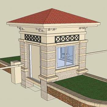 中式小区入口门卫岗亭保安室SU模型下载_sketchup草图大师SKP模型