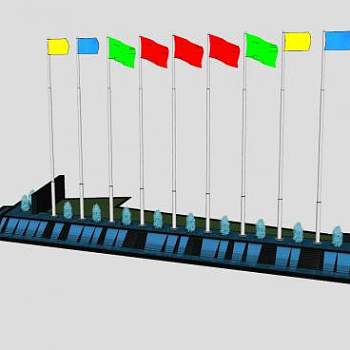 水景和喷泉带旗帜水景SU模型下载_sketchup草图大师SKP模型