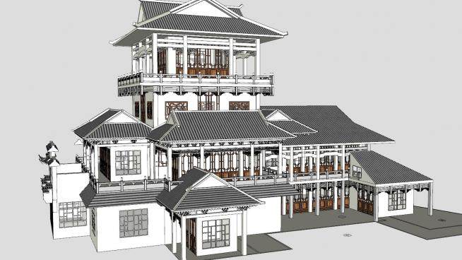 中式风格古建建筑SU模型下载_sketchup草图大师SKP模型