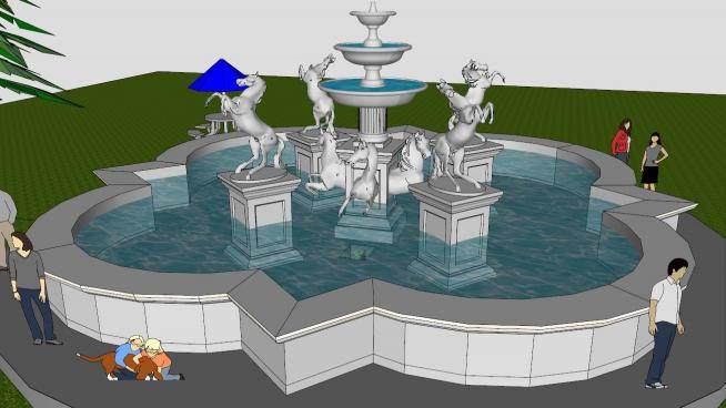 水池喷泉雕塑SU模型下载_sketchup草图大师SKP模型