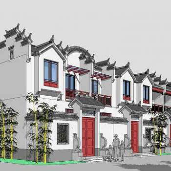 仿古四连排徽派别墅建筑SU模型下载_sketchup草图大师SKP模型