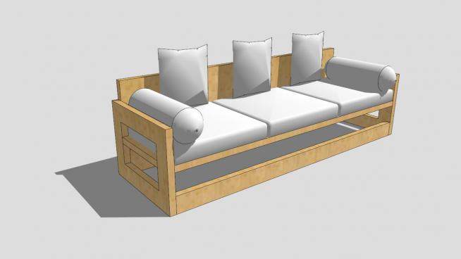 实木沙发白色坐垫三人沙发SU模型下载_sketchup草图大师SKP模型