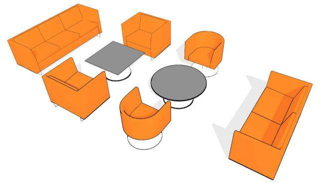 维奈特橘色组合沙发座位和桌子SU模型下载_sketchup草图大师SKP模型